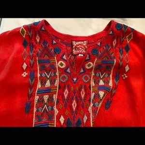 Red Linen Johnny Was Embroidered Tunic Dress